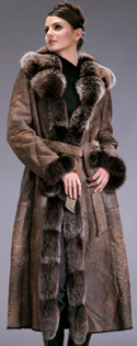 Style S12 full length lambskin shearling w/ dyed fox trim
